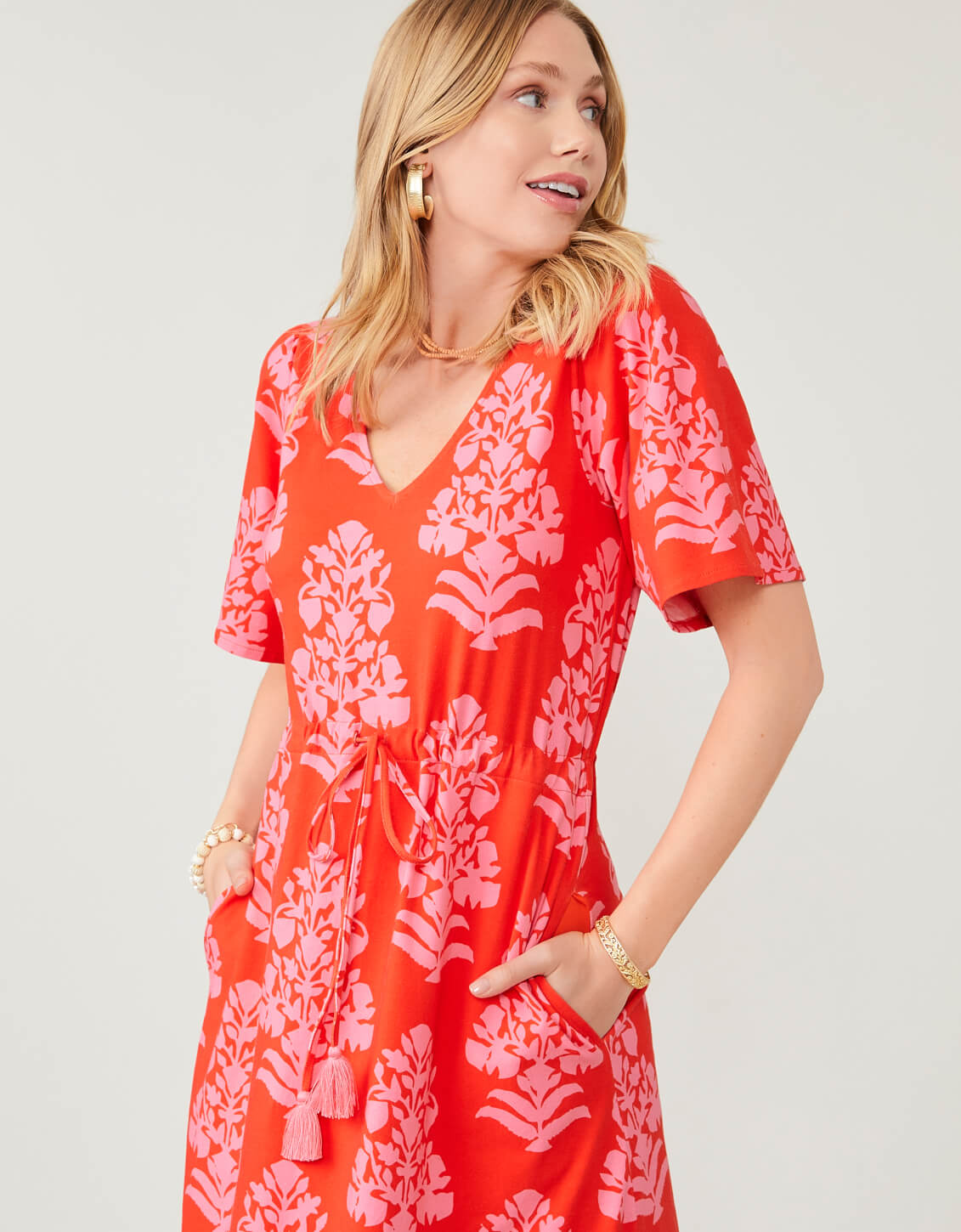 Blakelynn Midi Dress Queenie Woodblock Floral Tomato