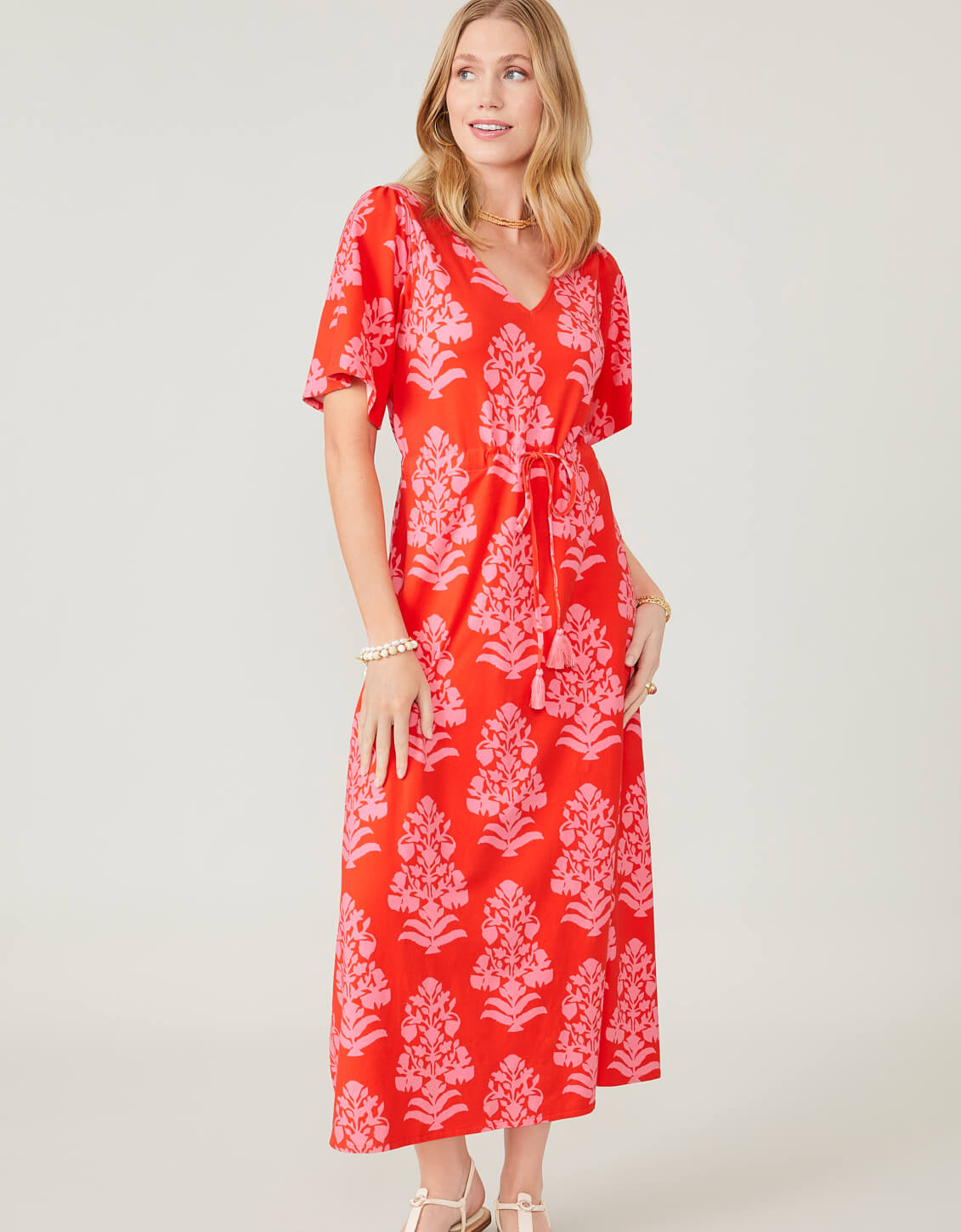 Blakelynn Midi Dress Queenie Woodblock Floral Tomato