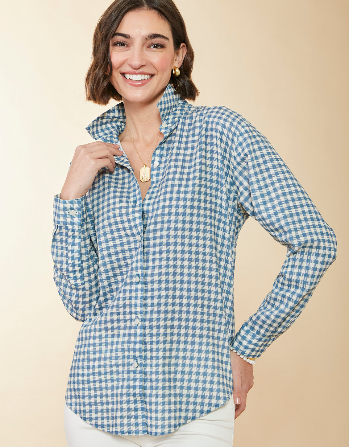 Aida Relaxed Buttondown Clara Gingham Bluestone