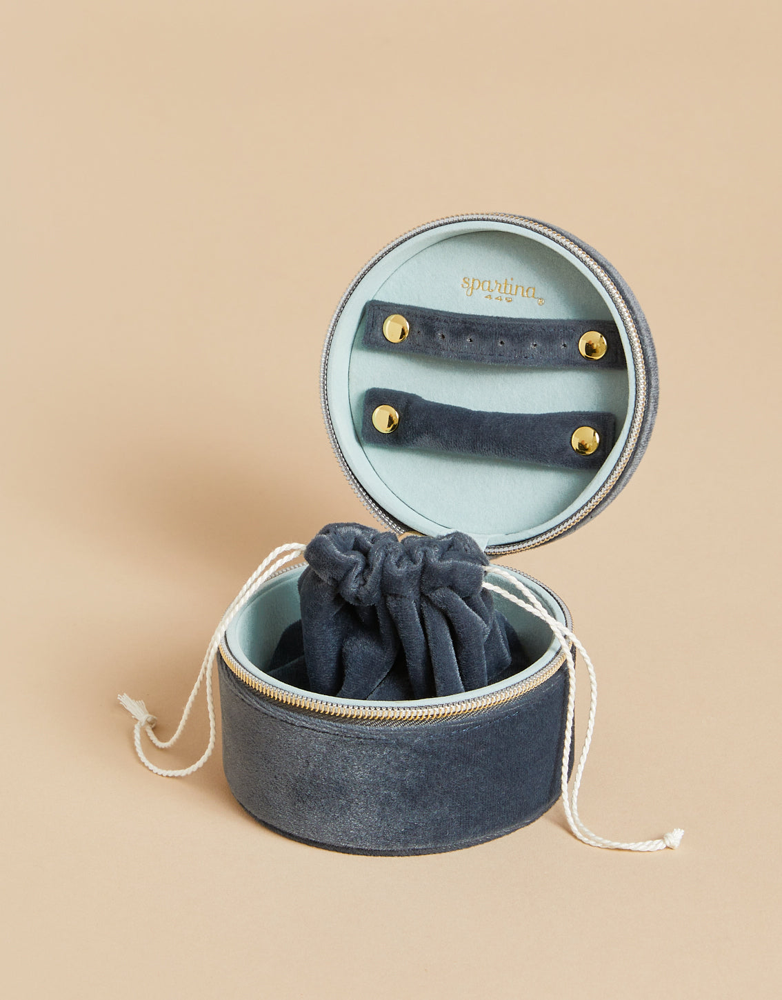 Round Jewelry Travel Case Grey Velvet