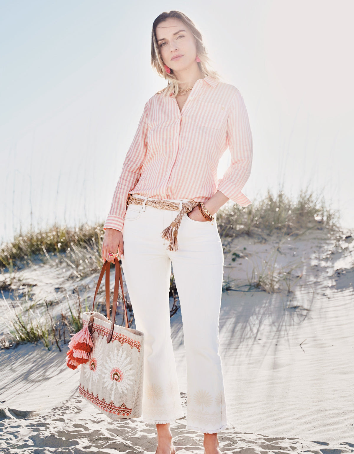 Ellington Kick Flare Jean Pearl White Embroidery