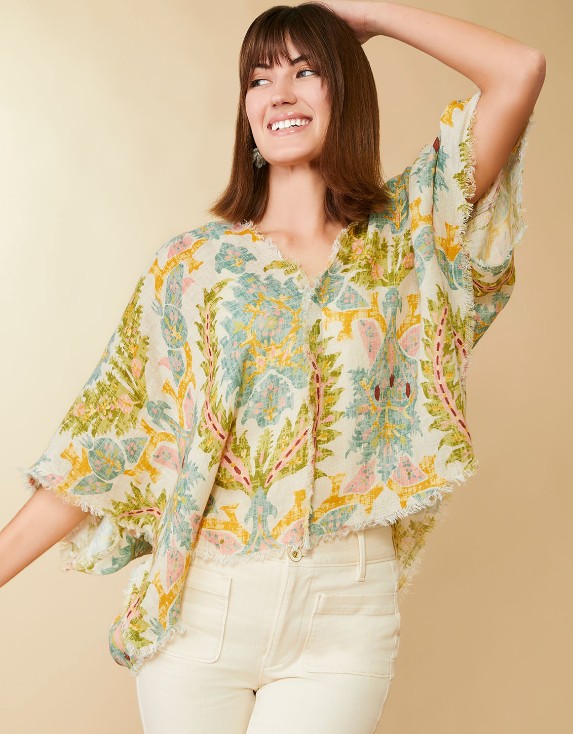Rynn Linen Poncho Sugar Mill Damask Flax