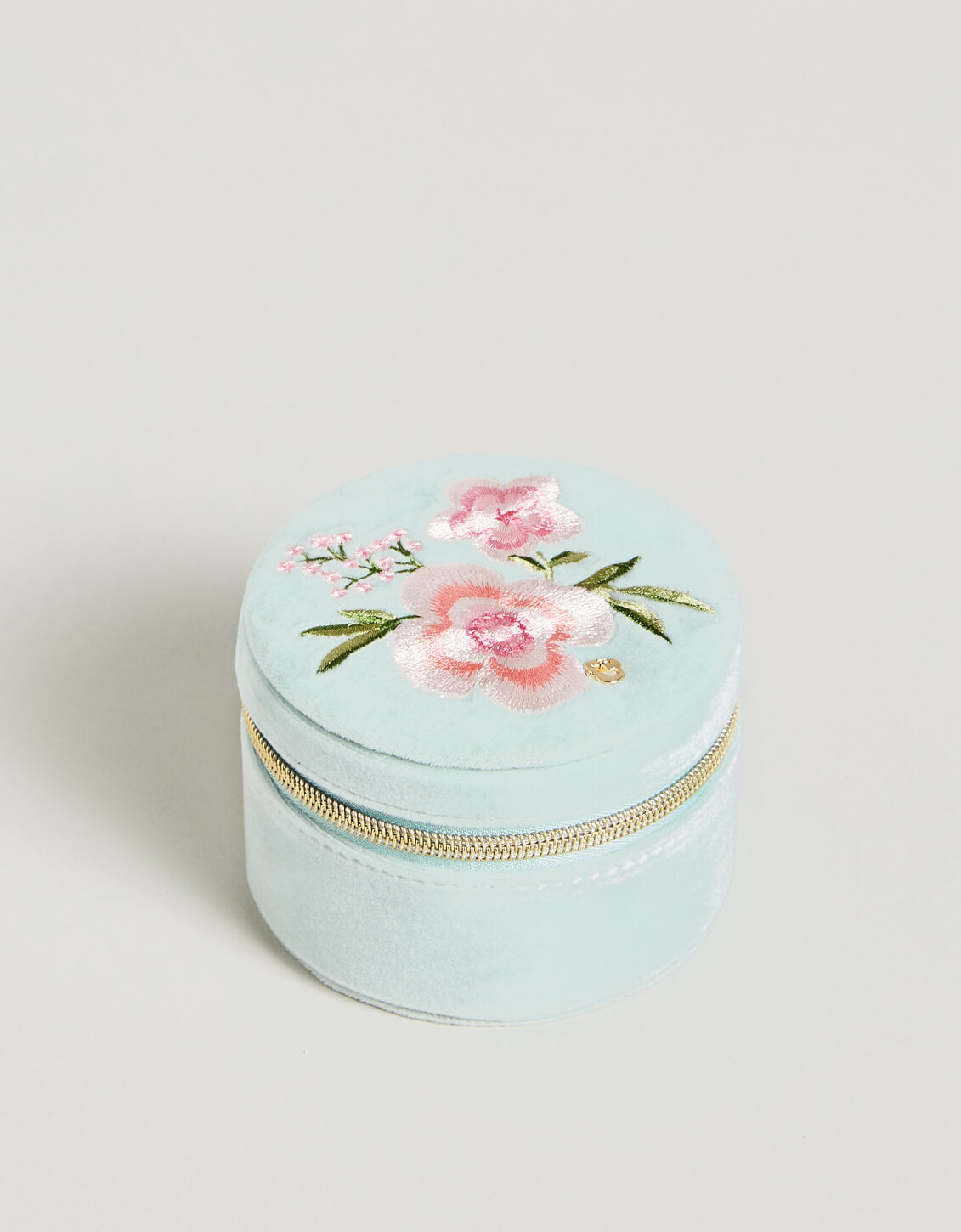  Embroidered Round Jewelry Travel Case Sea Foam/Pink Velvet