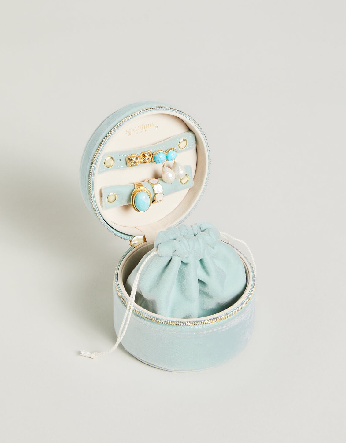  Embroidered Round Jewelry Travel Case Sea Foam/Pink Velvet