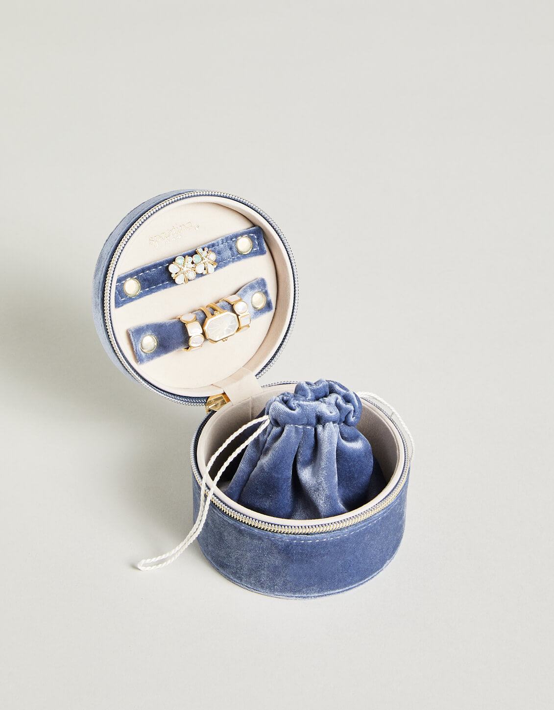  Embroidered Round Jewelry Travel Case Blue Velvet