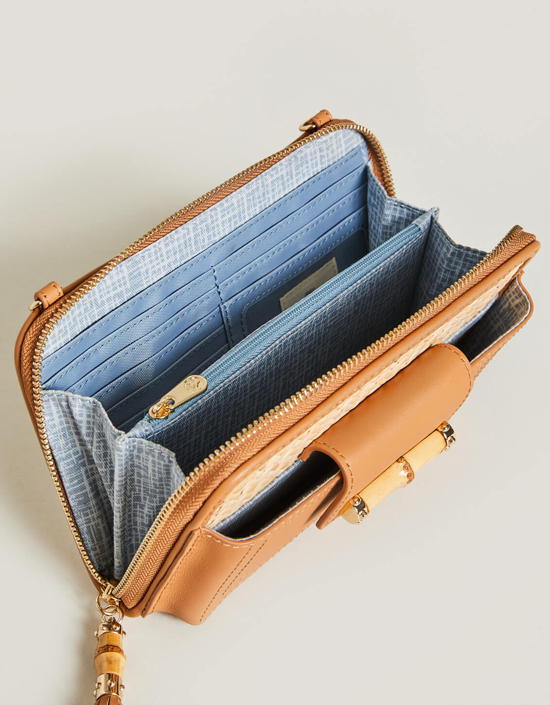  Rattan Multi-Phone Crossbody Caramel
