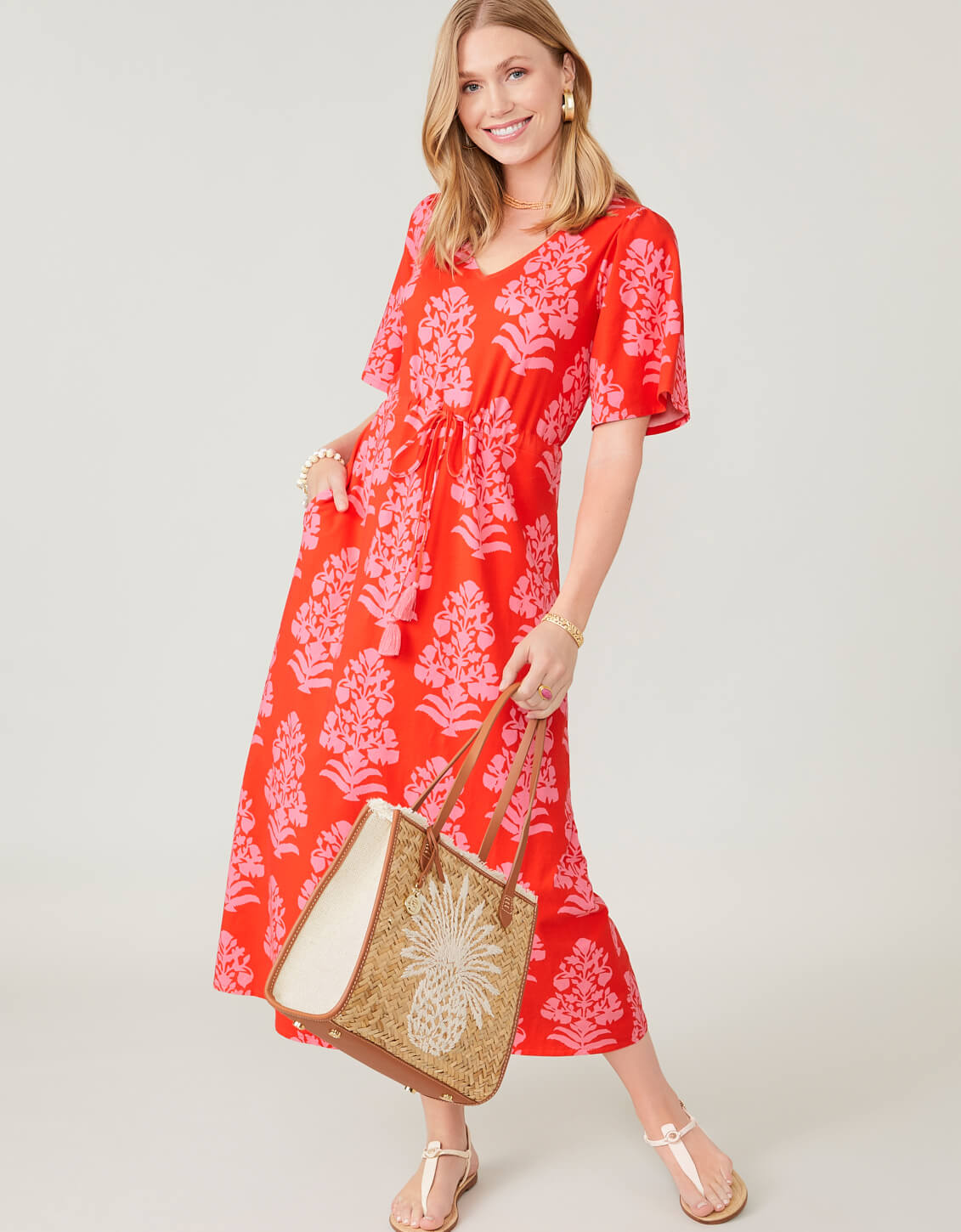  Blakelynn Midi Dress Queenie Woodblock Floral Tomato