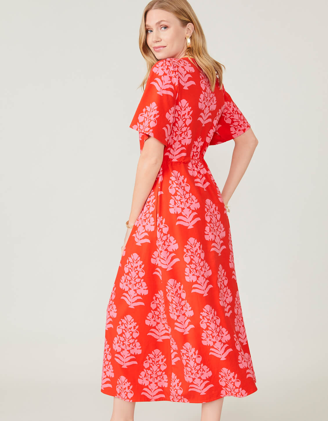 Blakelynn Midi Dress Queenie Woodblock Floral Tomato