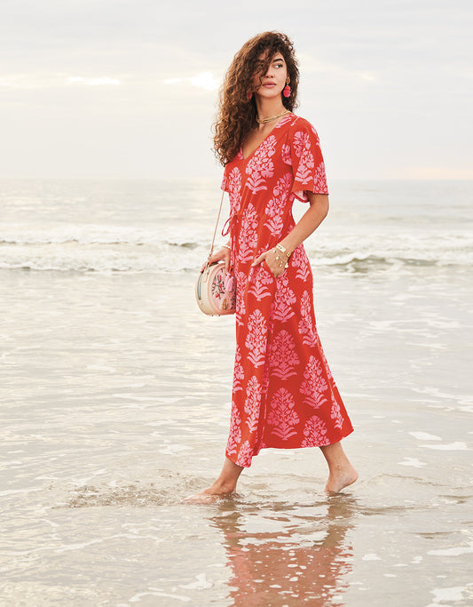  Blakelynn Midi Dress Queenie Woodblock Floral Tomato