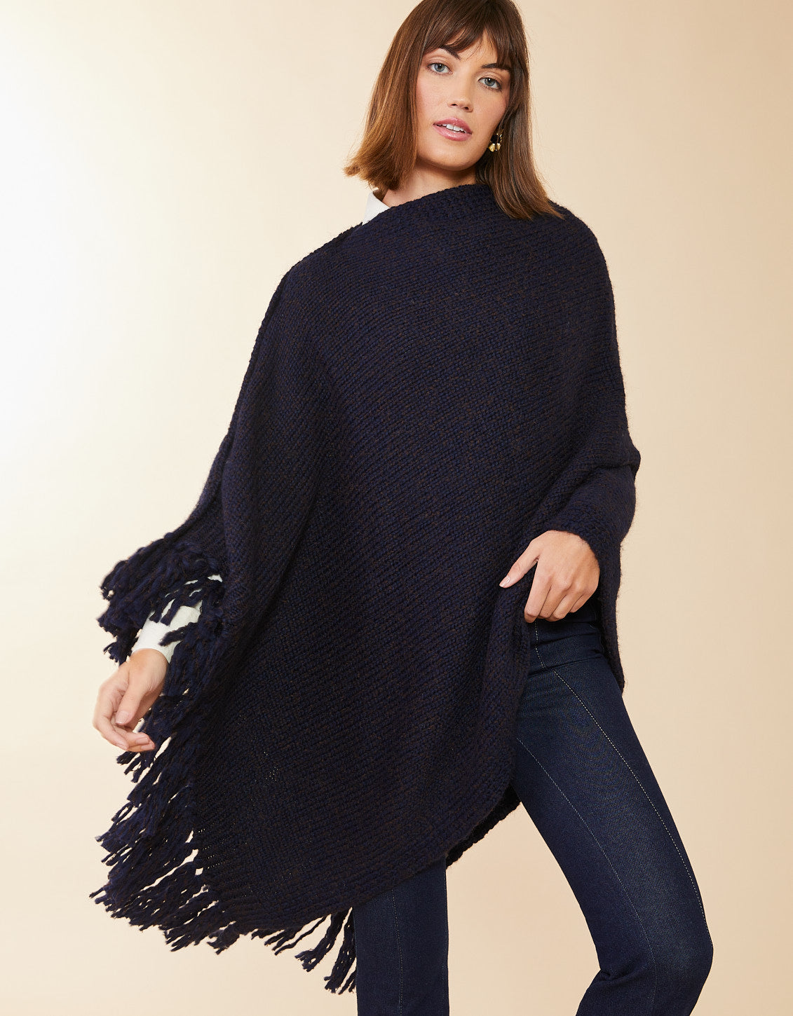  Button Poncho Navy Walnut