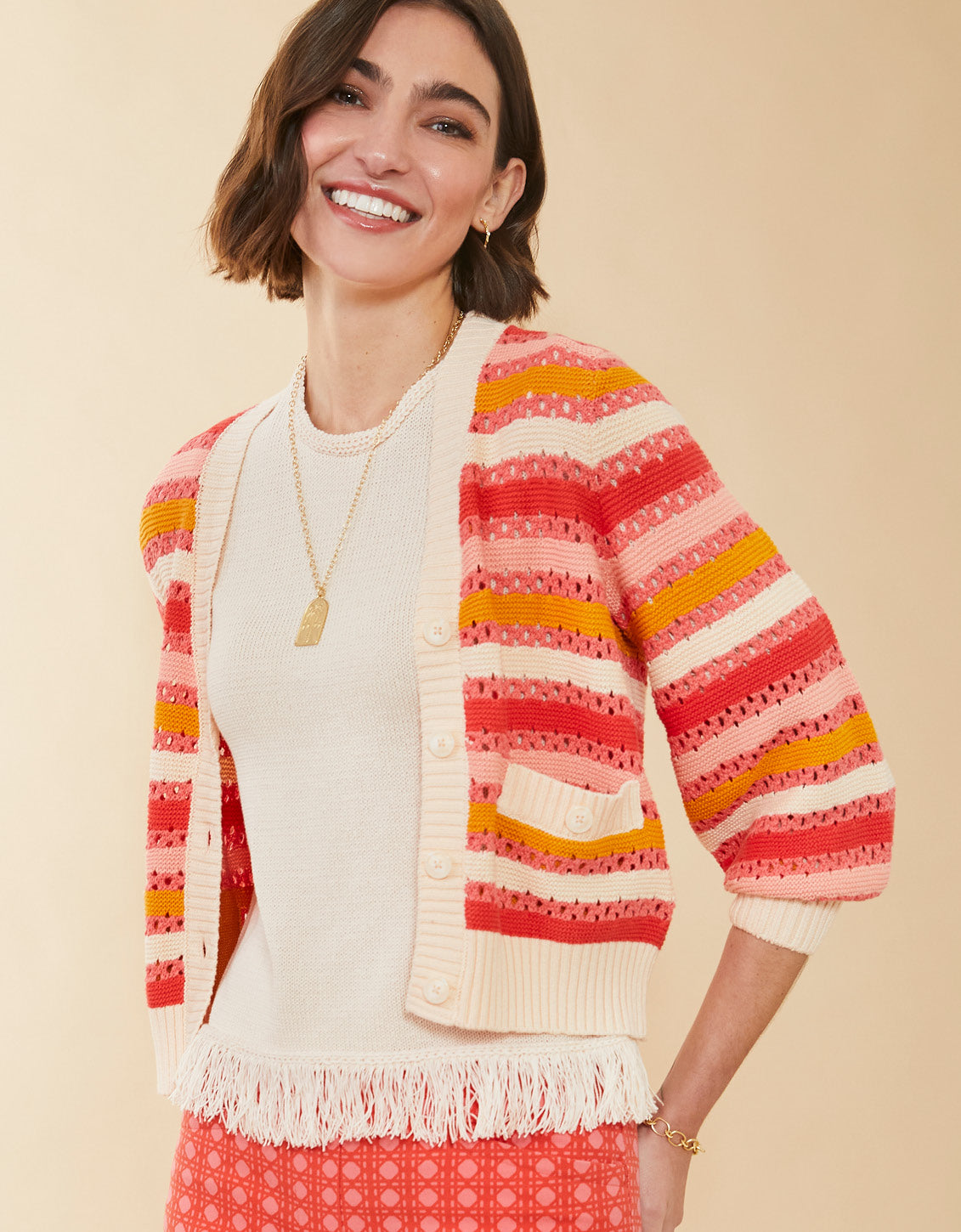  Gidget Crochet Cardigan Coral Rose Stripe