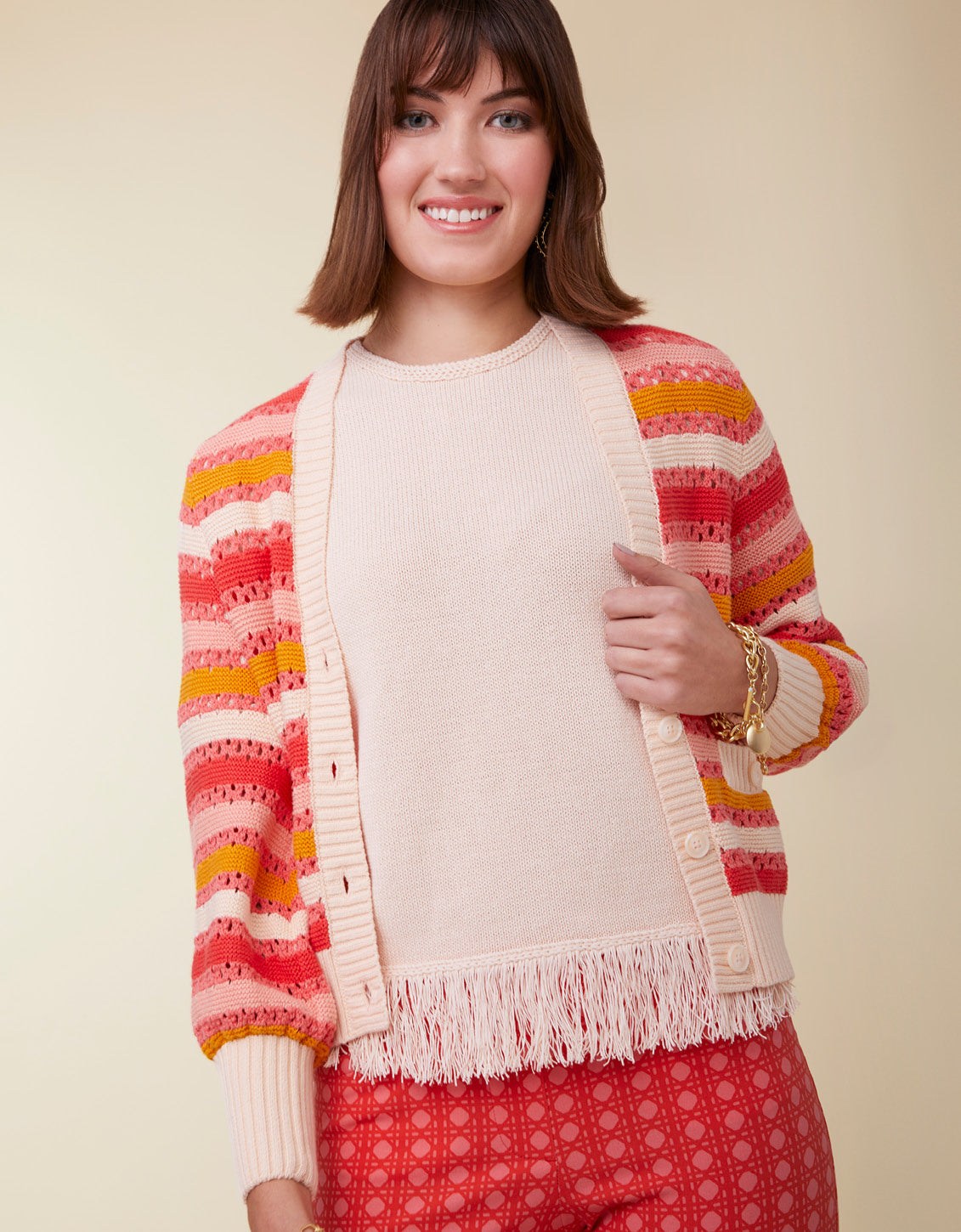  Gidget Crochet Cardigan Coral Rose Stripe