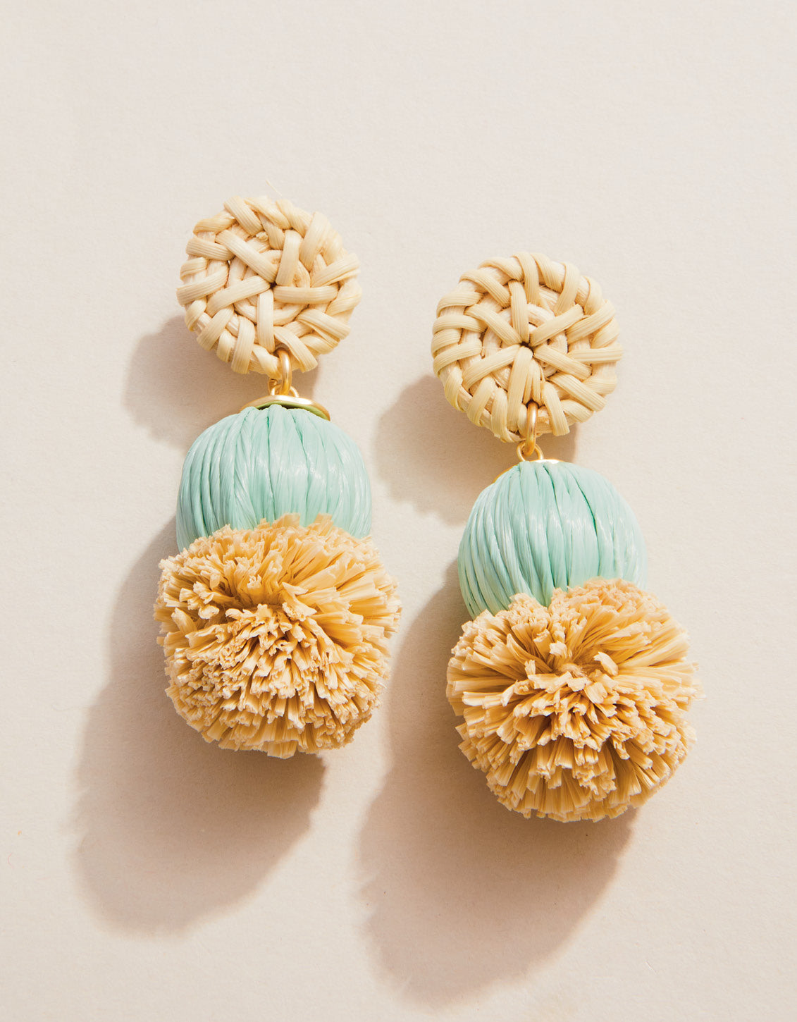  Straw Pom Earrings Sea Foam