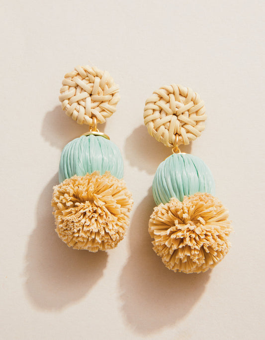  Straw Pom Earrings Sea Foam