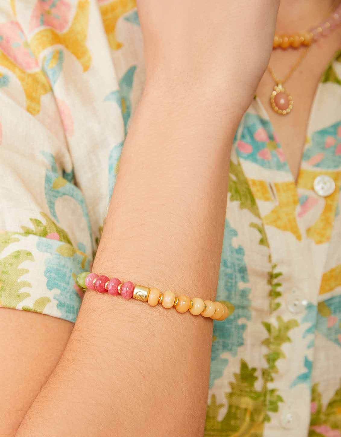 Stone Stretch Bracelet 10mm Pink/Green