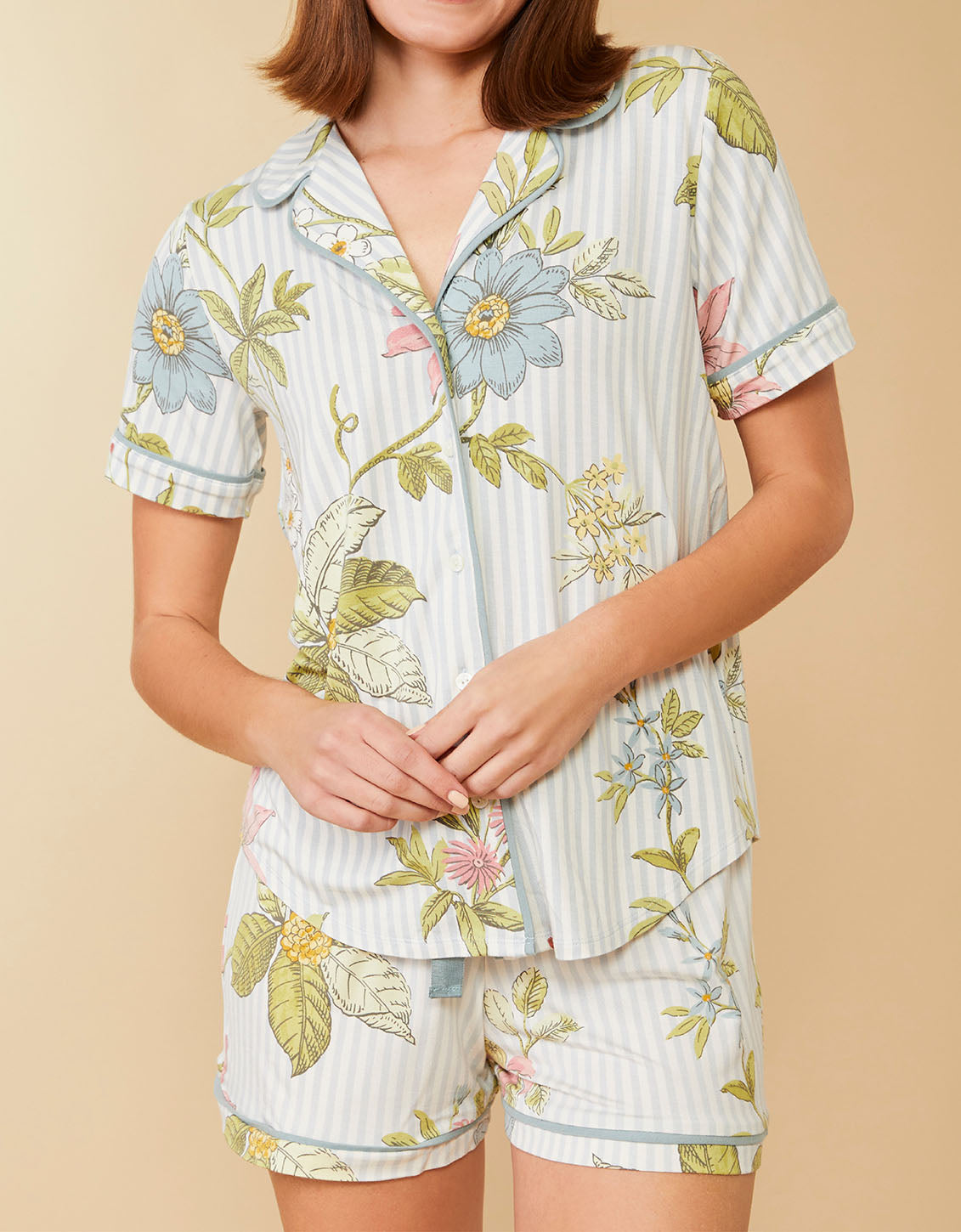  Short Sleeve Pajama Top Floral Vine Stripe Blue