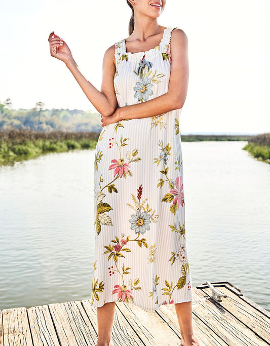  Sleeveless Nightgown Floral Vine Stripe Blue